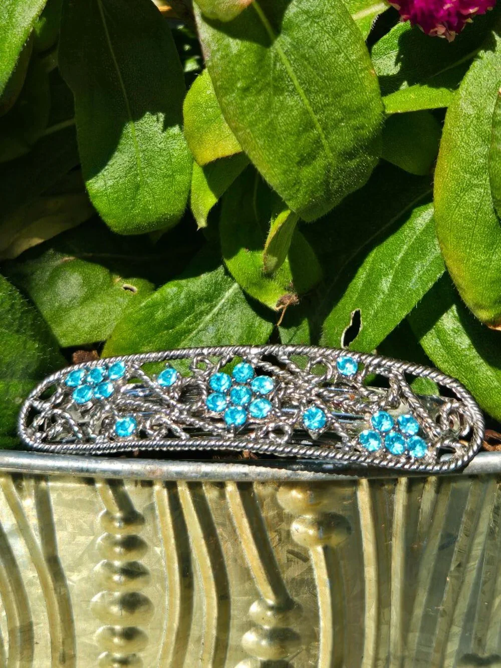Something Blue Rhinestone Hair Clip - Vintage Silver & Blue Floral Bridal Barret